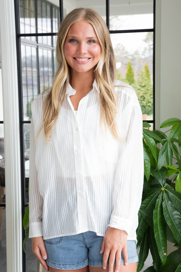 Laurel Striped Sheer Button Down Top, White