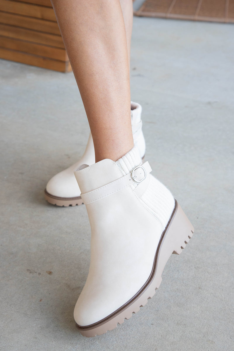 Aeson Knit Back Wedge Bootie, Beige Nubuck