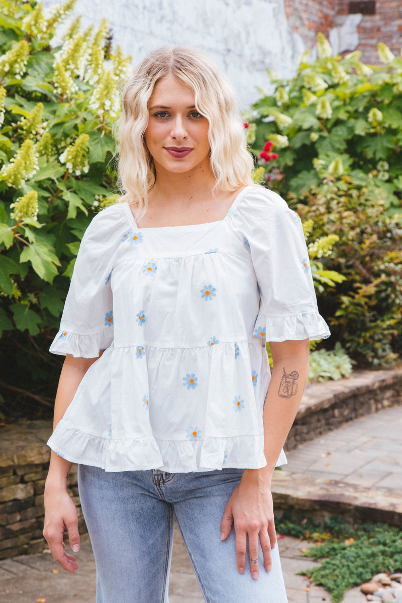 Elise Embroidered Square Neck Top, White/Blue