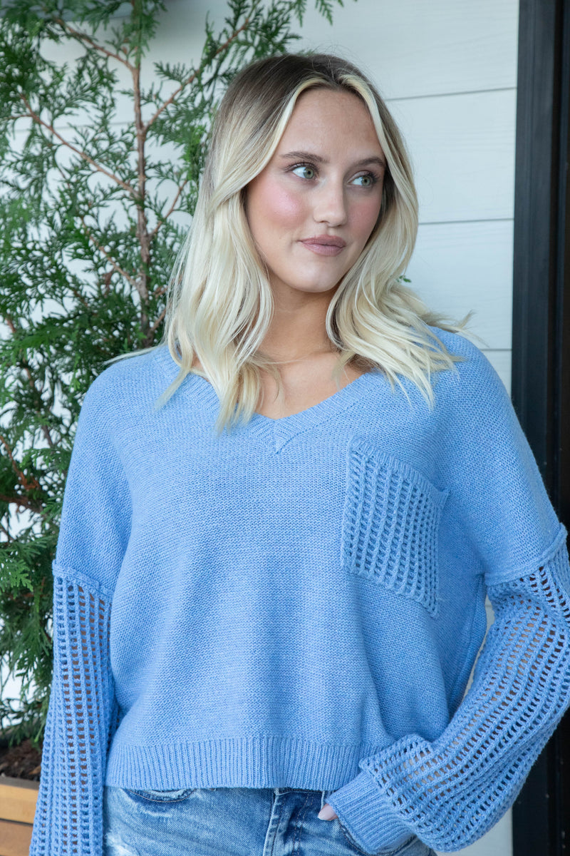 Ariah Open Knit Detail V-Neck Sweater, Denim