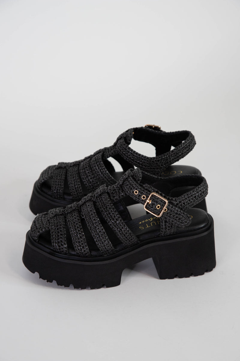 Tavi Raffia Caged Chunk Sandal, Black | Coconuts by Matisse