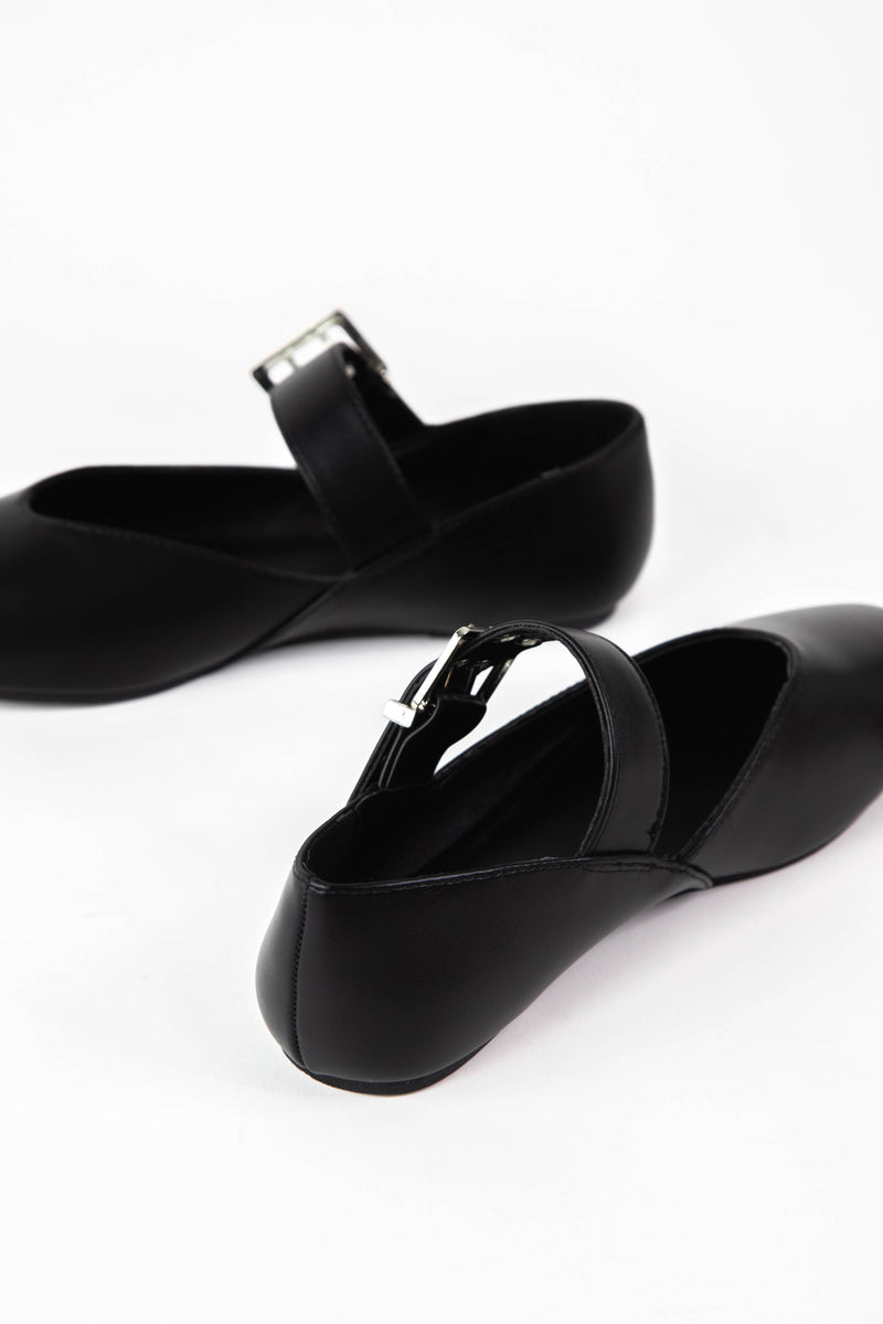 Seabert Buckle Mary Jane Flat, Black PU