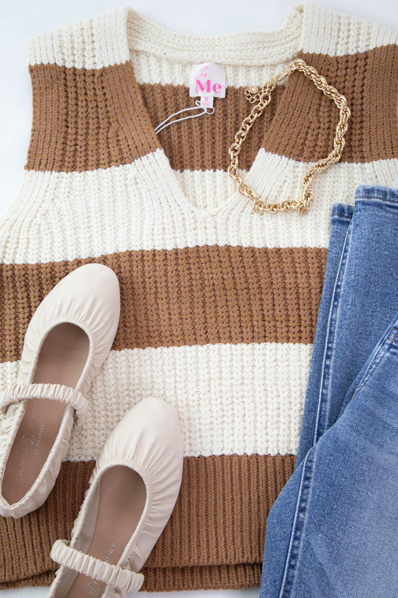 Mae Striped Sweater Vest, Coffee/Oatmeal