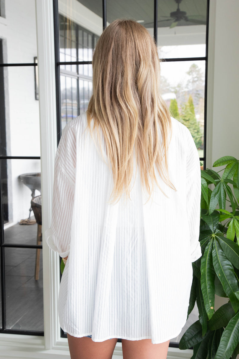 Laurel Striped Sheer Button Down Top, White