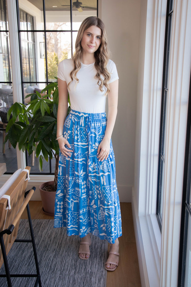 Titania Boho Print Midi Skirt, Blue