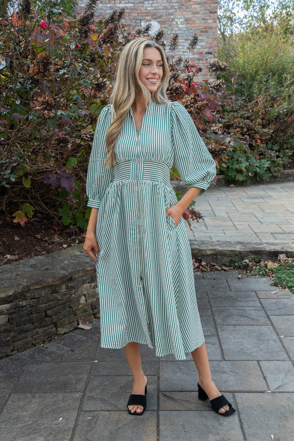 Jill Striped Zip Up Midi Dress, Hunter Green