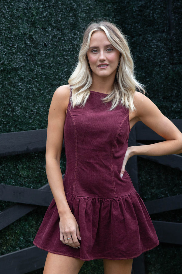 Mirabel Boat Neck Corduroy Dress, Wine