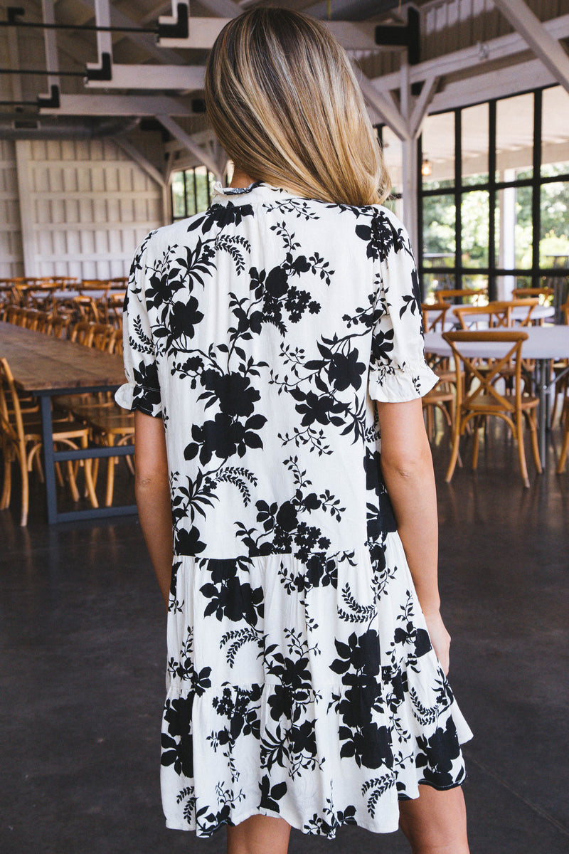 Allyson Floral Dress, Off White/Black