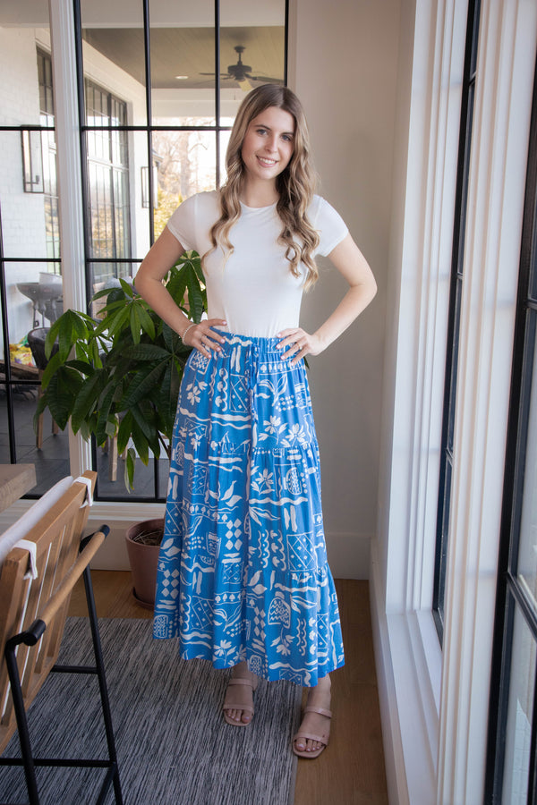 Titania Boho Print Midi Skirt, Blue