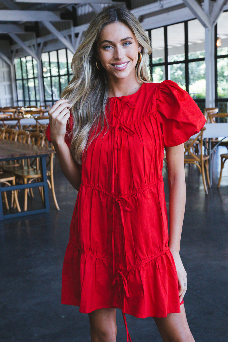 Veronica Puff Sleeve Dress, Red