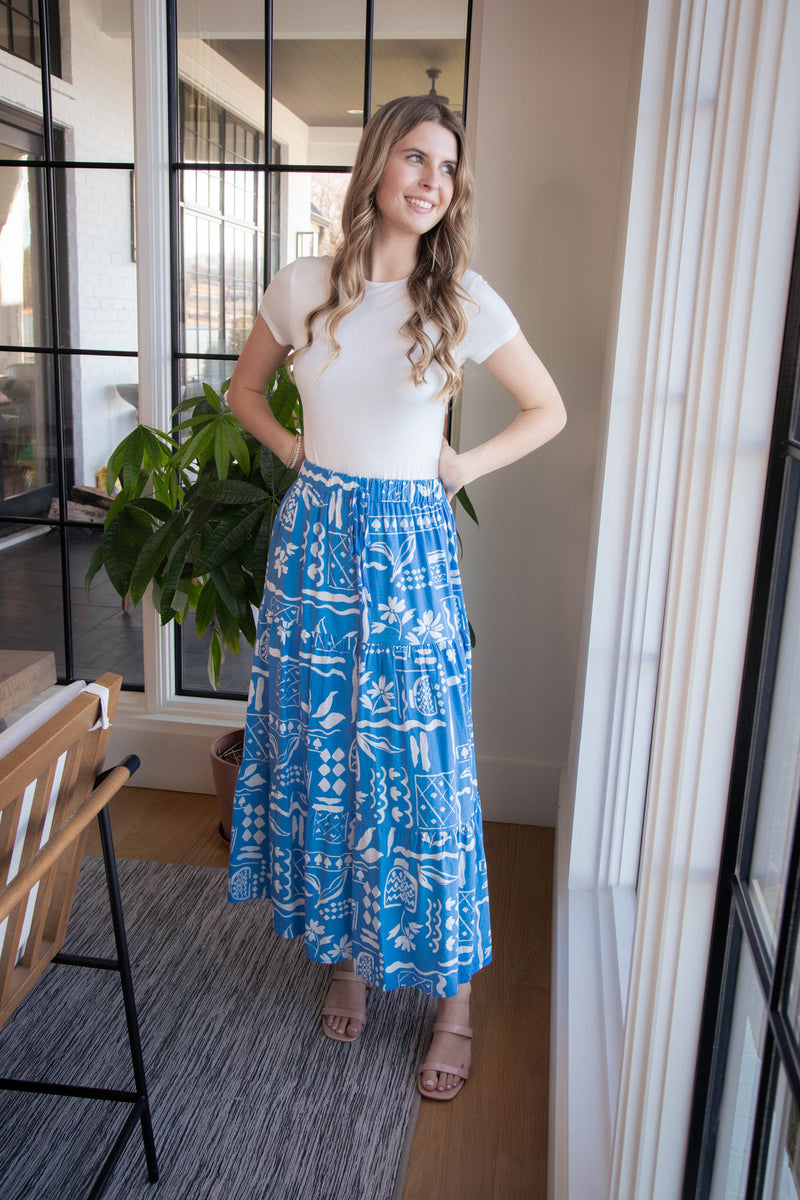 Titania Boho Print Midi Skirt, Blue