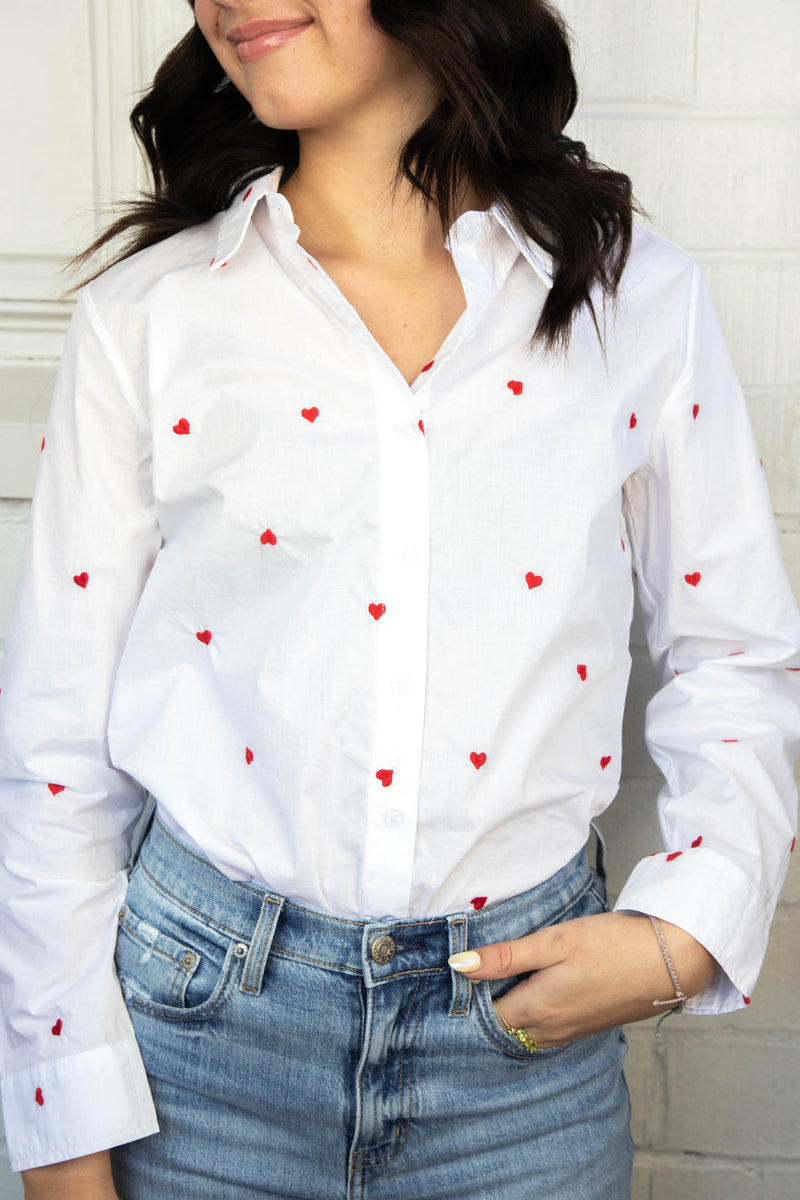 Sloane Heart Embroidered Shirt, White/Red