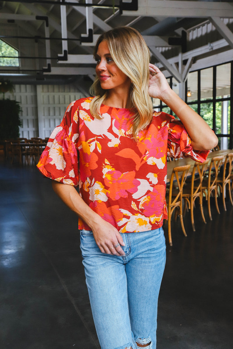 Demi Floral Balloon Sleeve Top, Burgundy