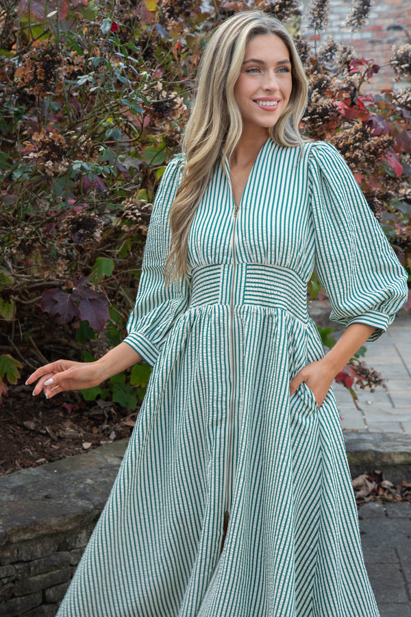 Jill Striped Zip Up Midi Dress, Hunter Green