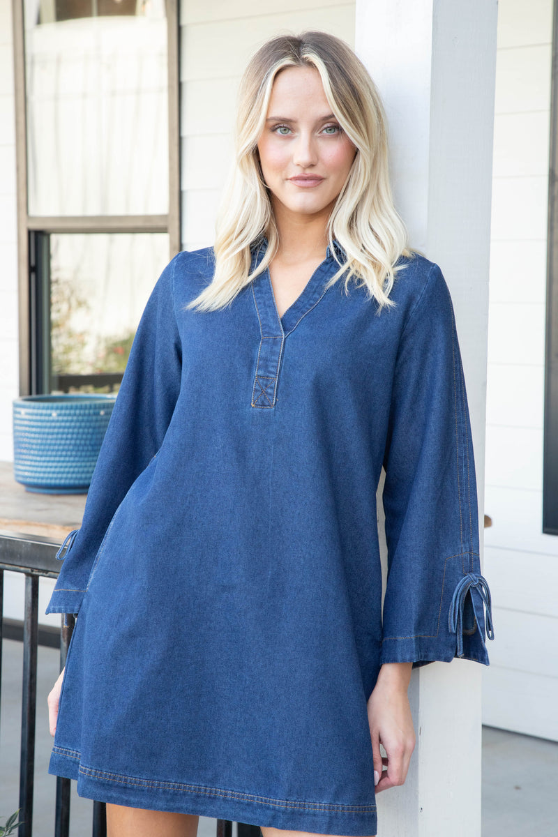 Mazie Denim Collared Dress, Dark Denim