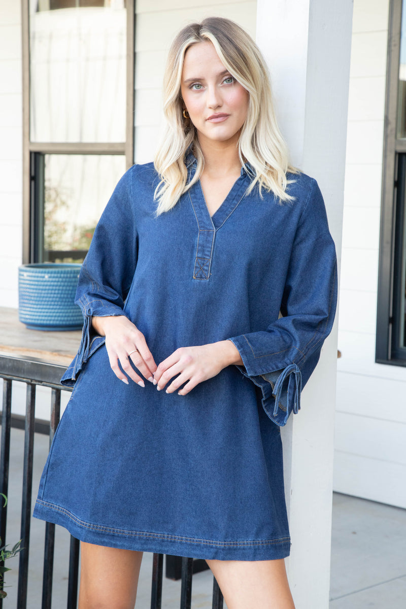 Mazie Denim Collared Dress, Dark Denim