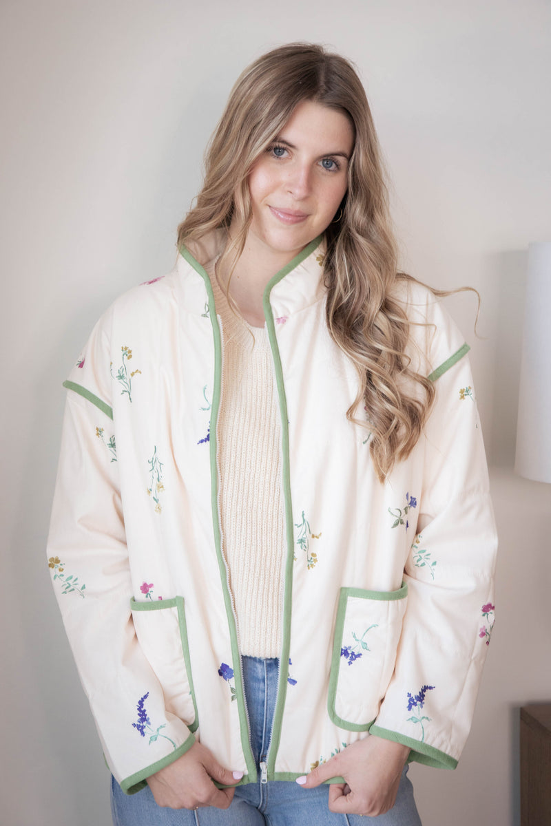 Fair Weather Quilted Zip Up Jacket, Ivory Multi | Sadie & Sage