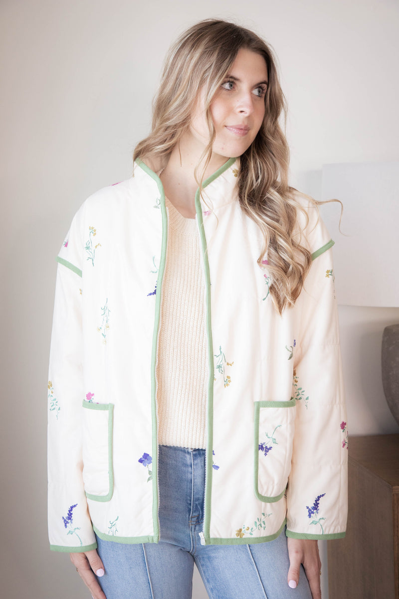 Fair Weather Quilted Zip Up Jacket, Ivory Multi | Sadie & Sage