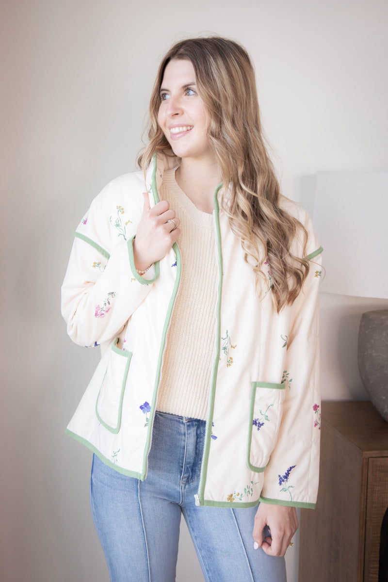 Fair Weather Quilted Zip Up Jacket, Ivory Multi | Sadie & Sage