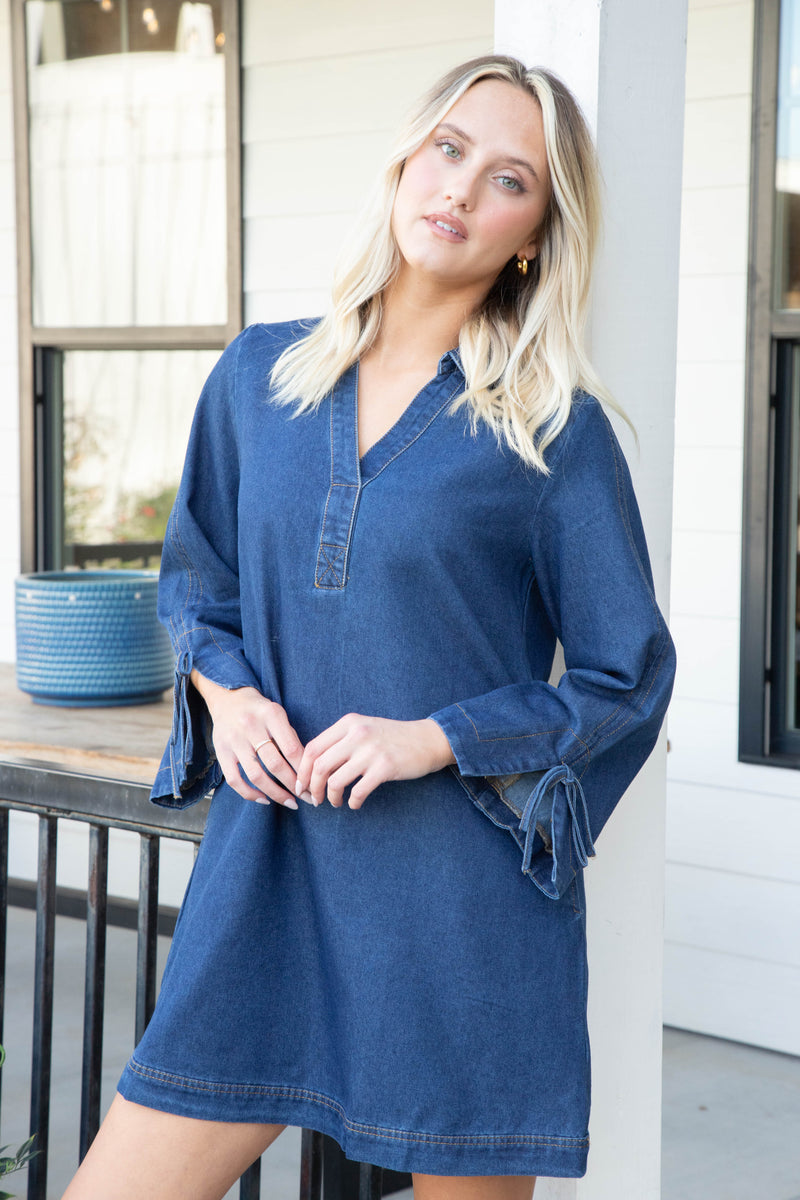 Mazie Denim Collared Dress, Dark Denim