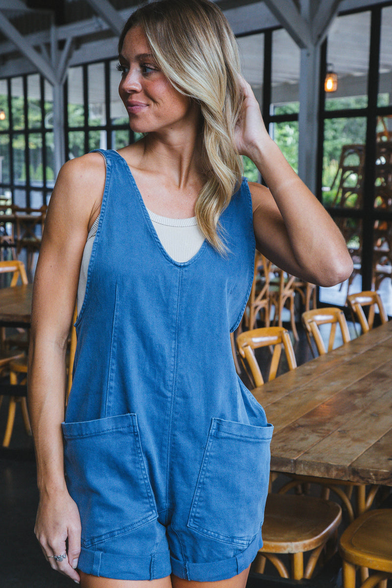 Azalea Washed Denim Romper, Blackberry