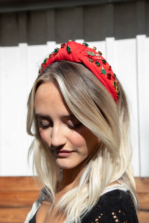 Merry Rhinestone Studded Headband, Red