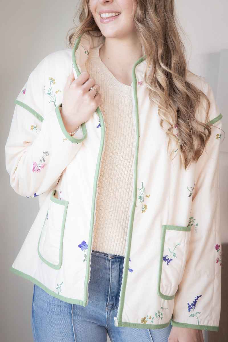 Fair Weather Quilted Zip Up Jacket, Ivory Multi | Sadie & Sage