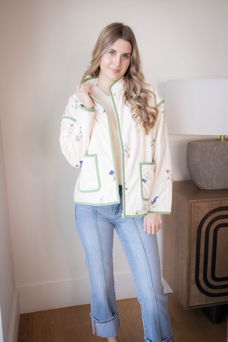 Fair Weather Quilted Zip Up Jacket, Ivory Multi | Sadie & Sage