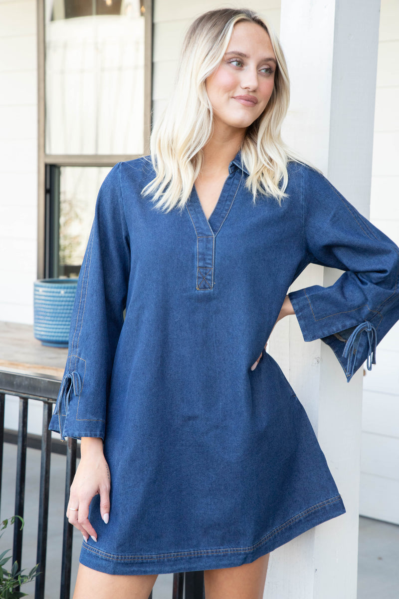 Mazie Denim Collared Dress, Dark Denim