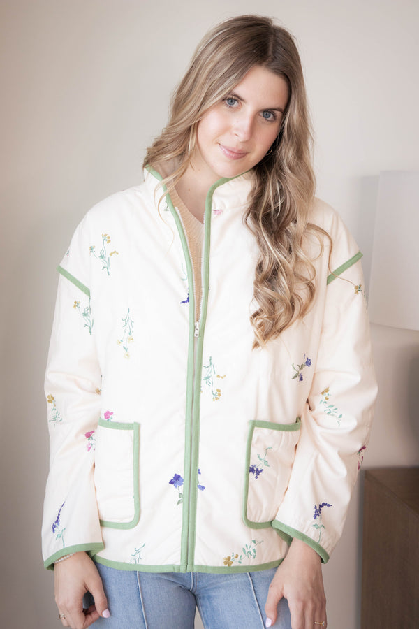 Fair Weather Quilted Zip Up Jacket, Ivory Multi | Sadie & Sage