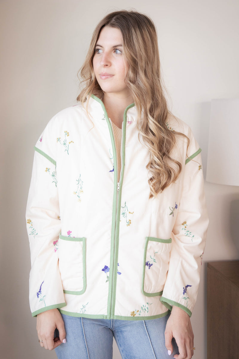 Fair Weather Quilted Zip Up Jacket, Ivory Multi | Sadie & Sage