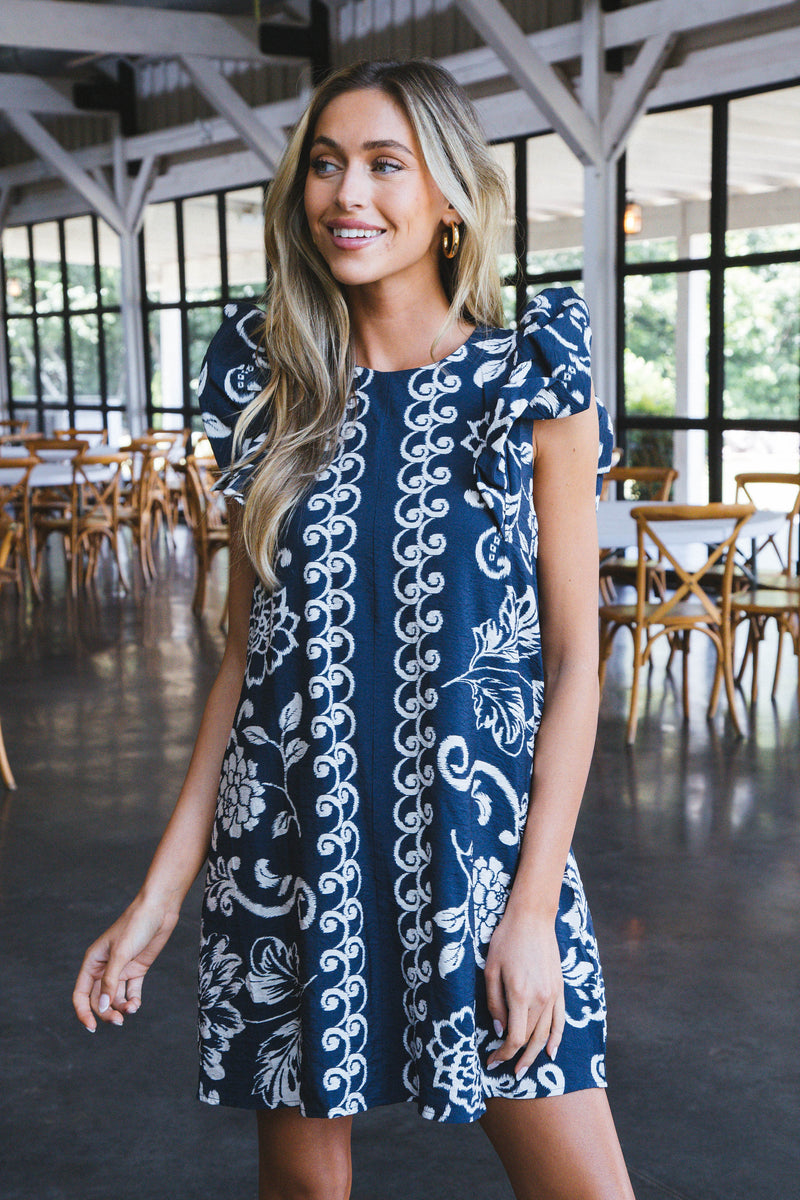 Macie Flutter Sleeve Printed Dress, Navy