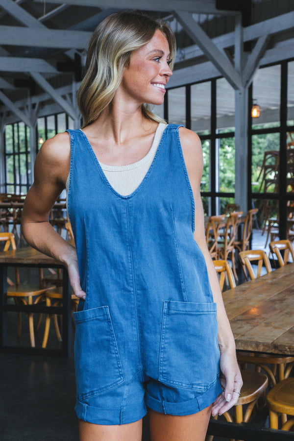 Azalea Washed Denim Romper, Blackberry