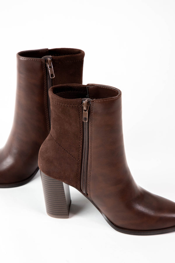 Mover Block Heel Dress Bootie, Brown PU/Suede