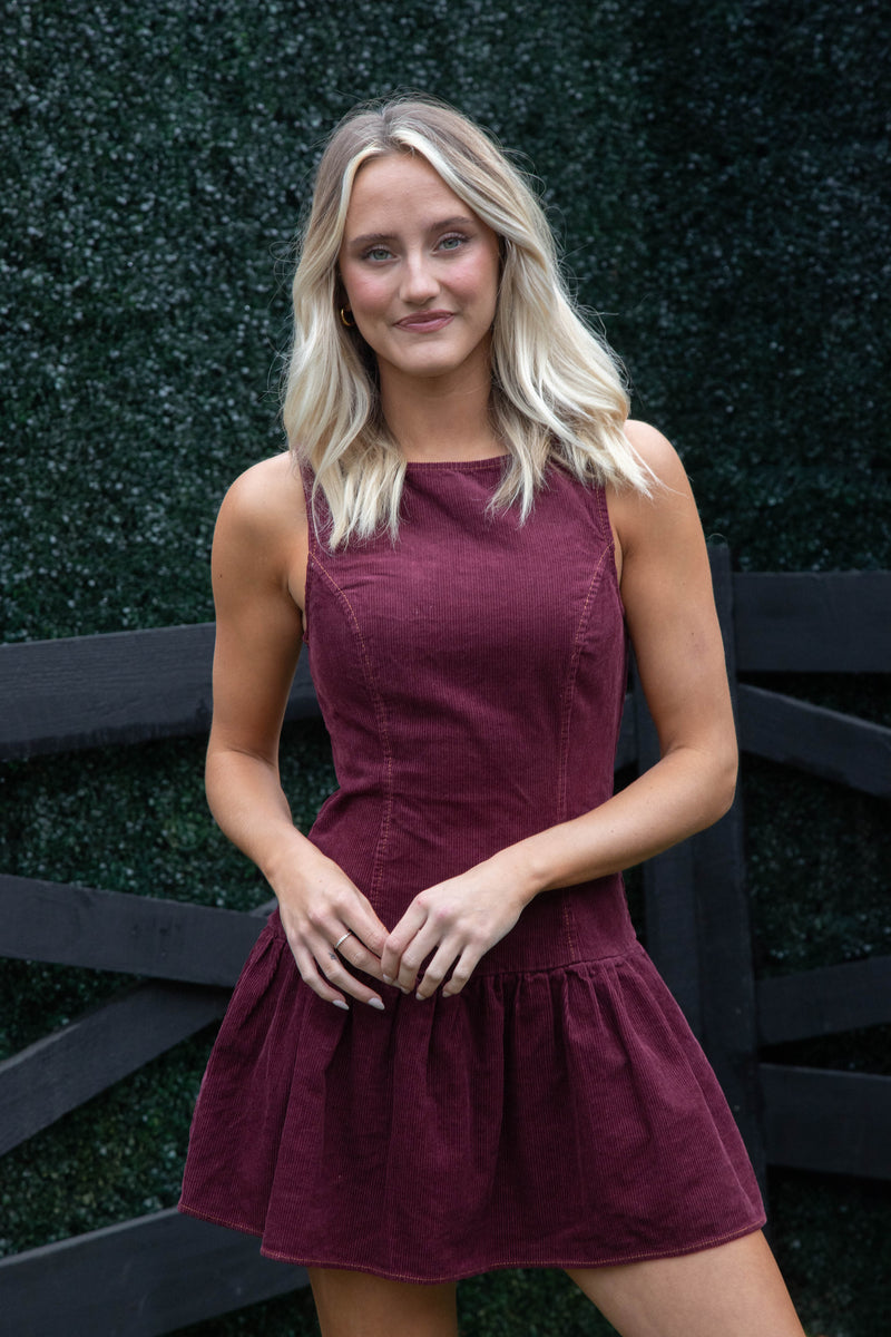 Mirabel Boat Neck Corduroy Dress, Wine