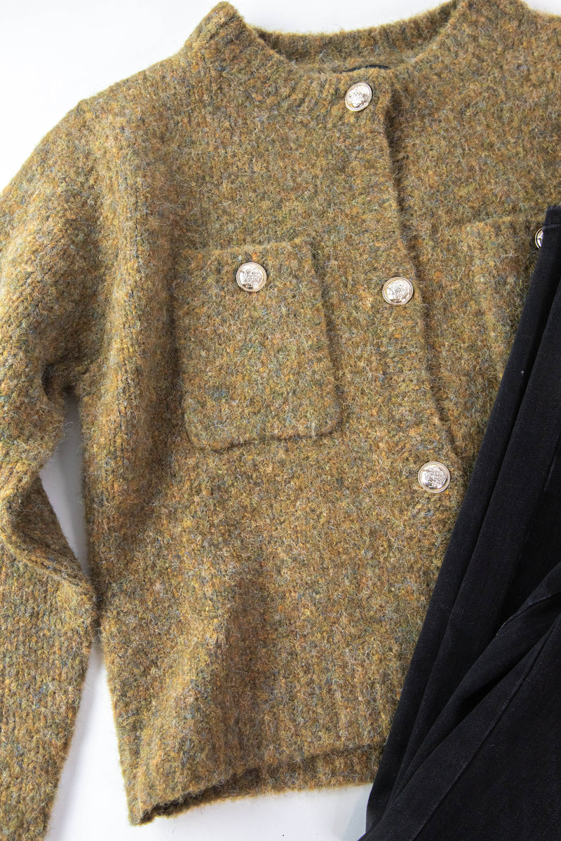 Delanie Button Detail Boucle Cardigan, Olive