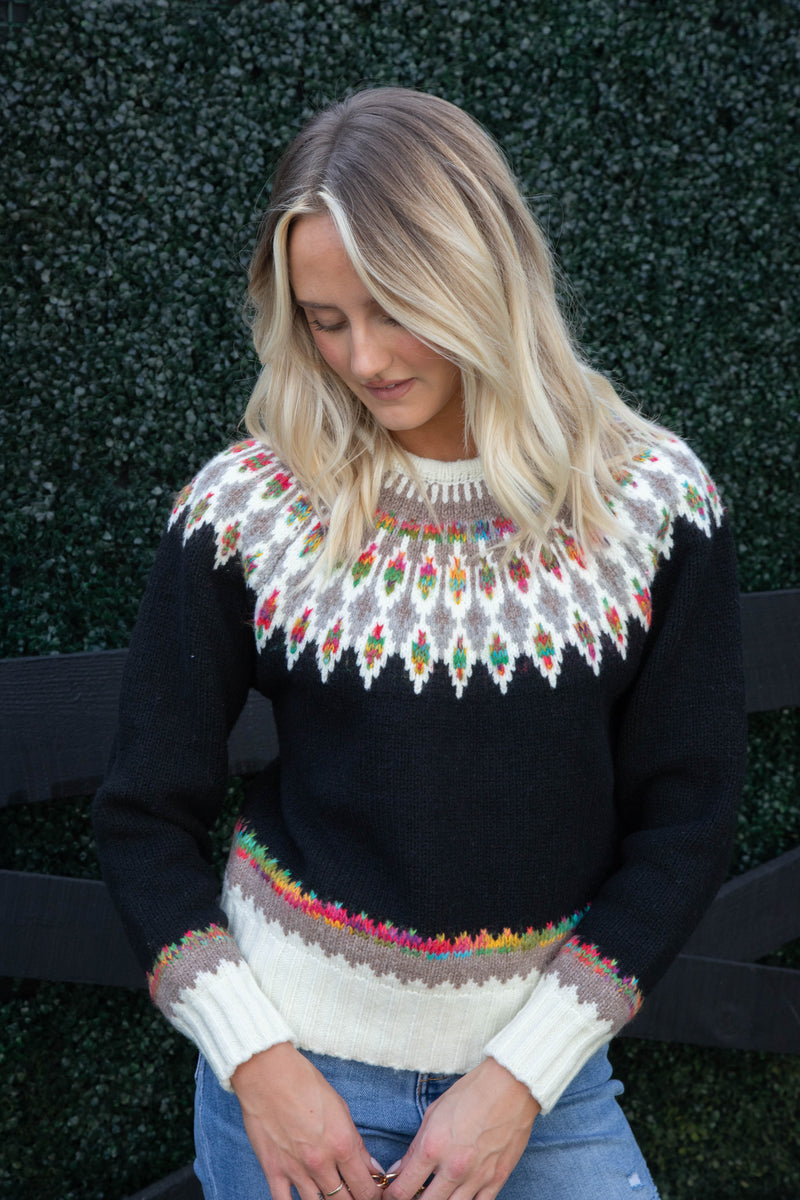 Bridget Fern & Feather Pattern Sweater, Black