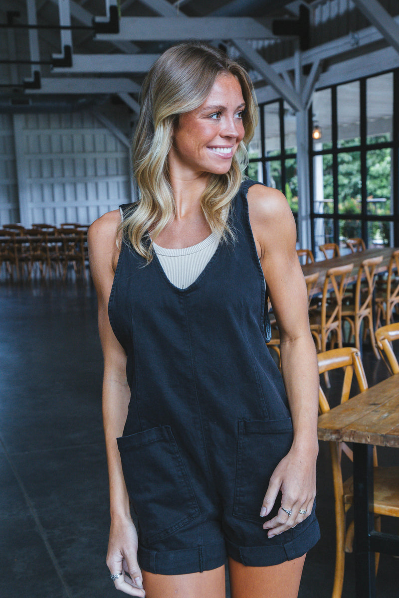 Azalea Washed Denim Romper, Black