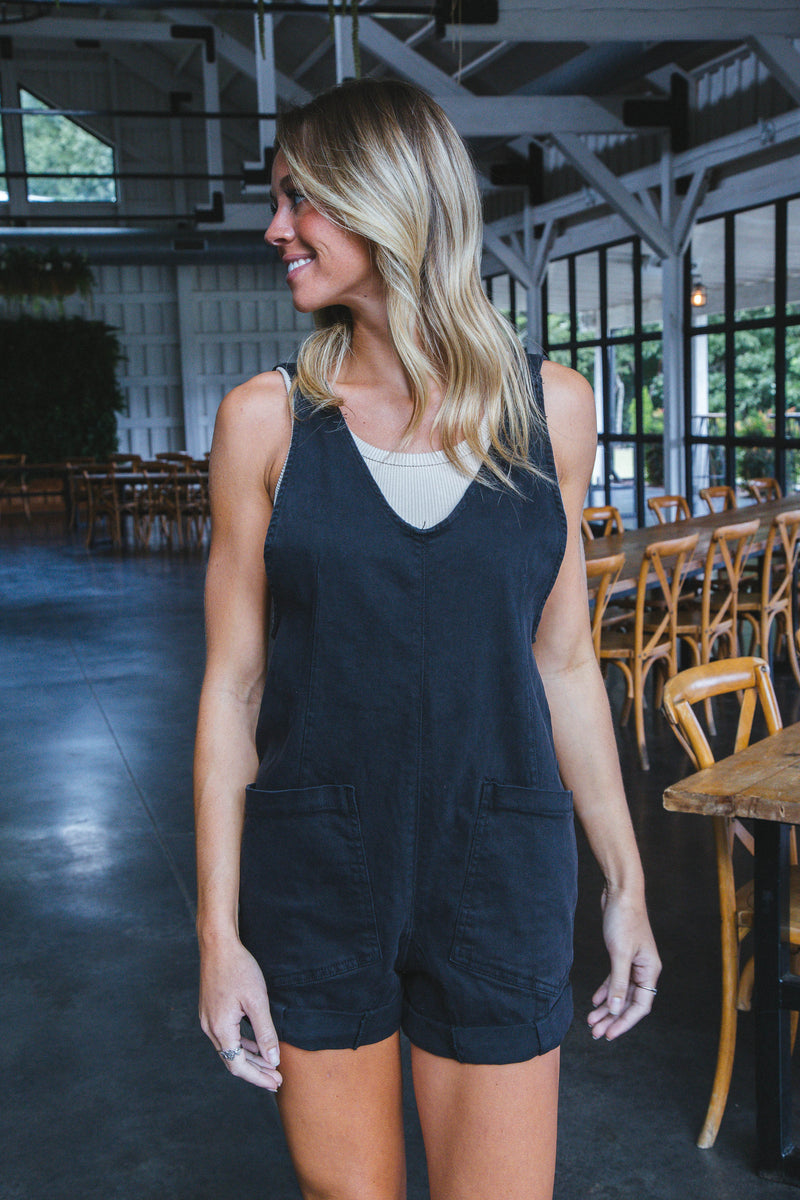 Azalea Washed Denim Romper, Black