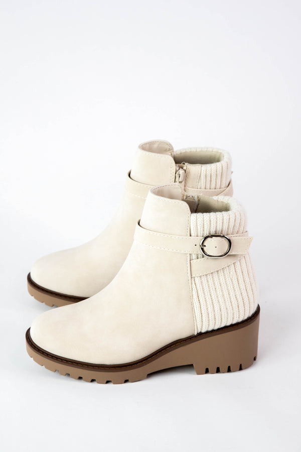 Aeson Knit Back Wedge Bootie, Beige Nubuck