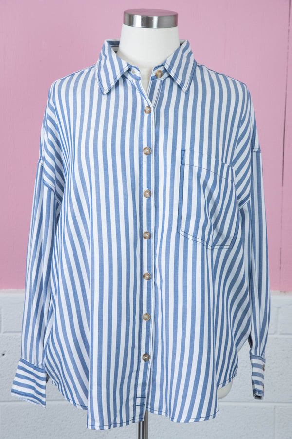 Tessa Striped Collared Shirt, Blue | Plus Size