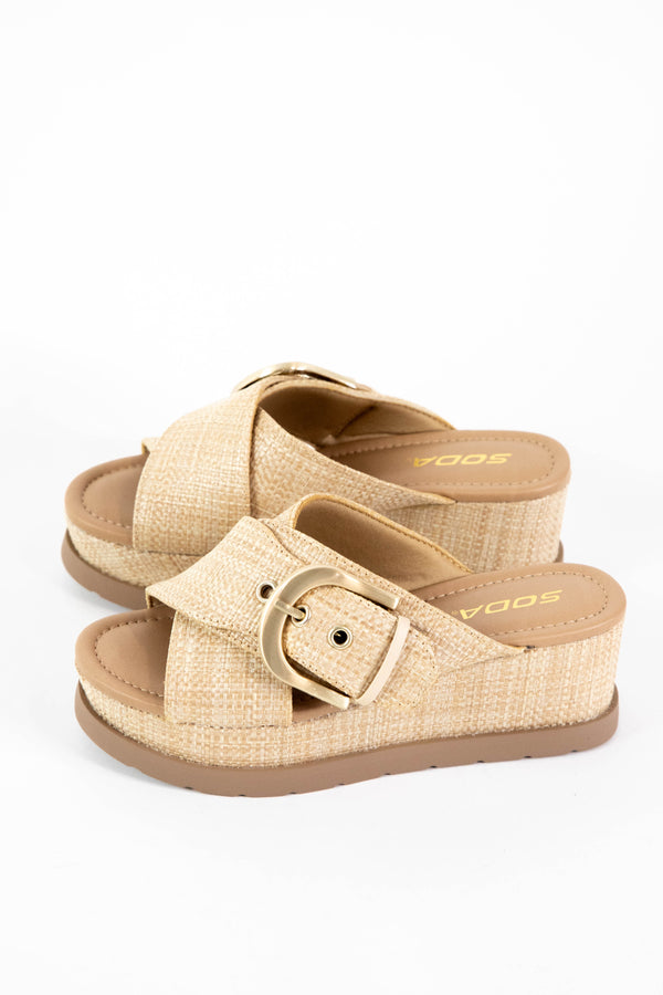 Ranger Buckle Detail Platform Slide, Natural Raffia