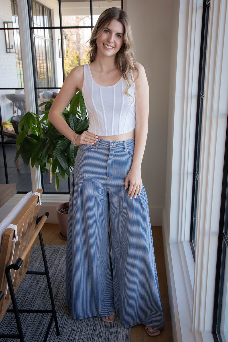 Azari Extra Wide Leg Striped Pants, Light Denim