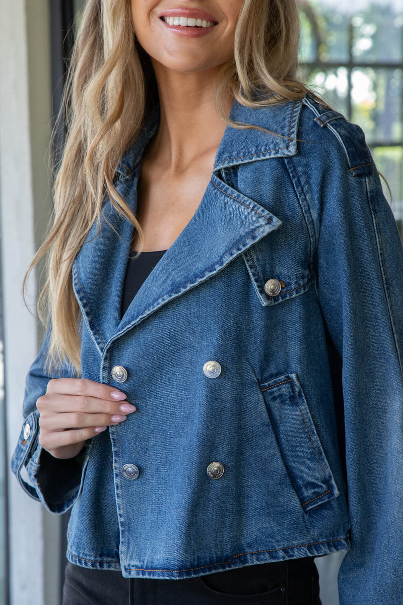 Sirus Cropped Trench Coat Jacket, Blue Denim | Steve Madden