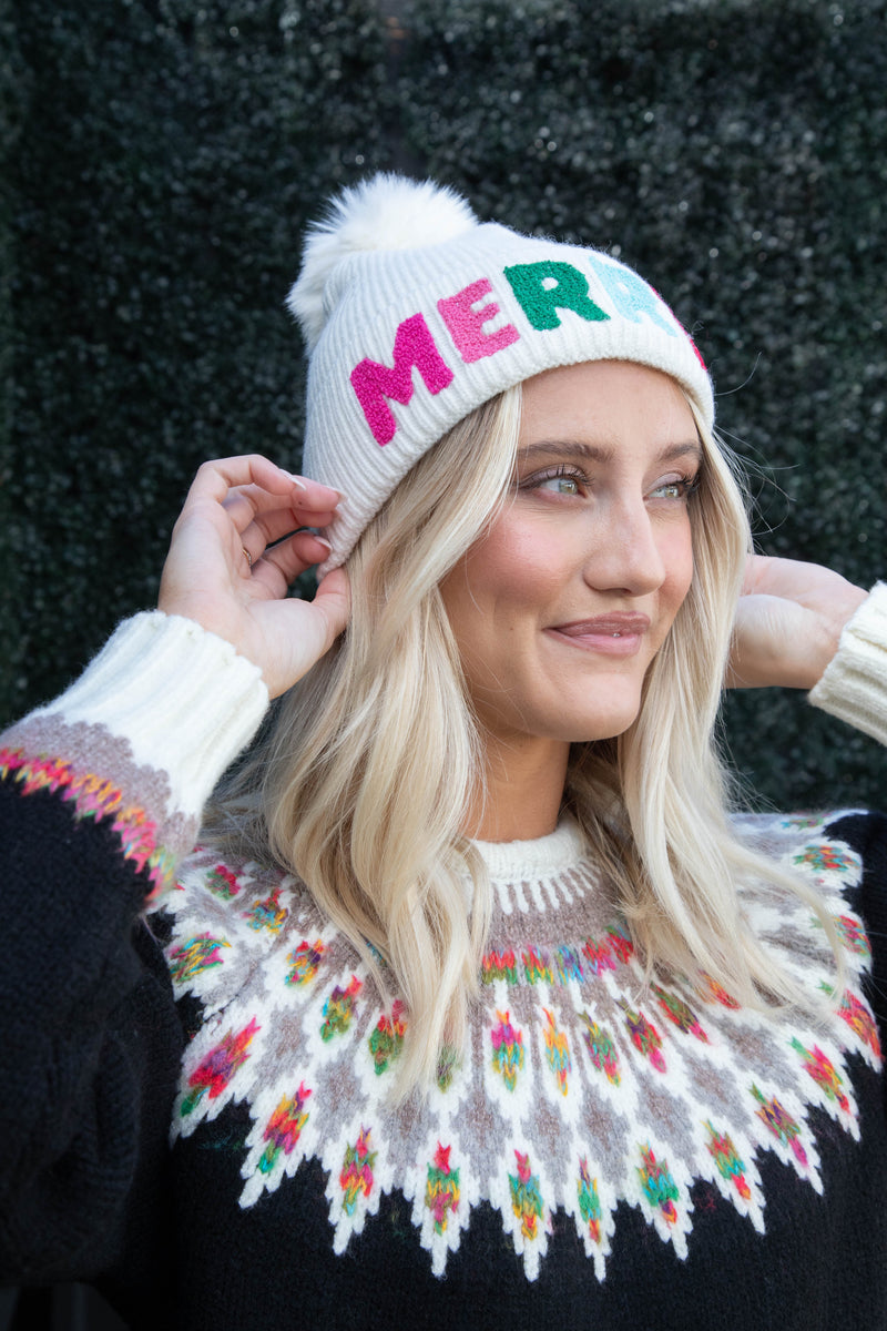 Merry Graphic Knit Hat, Ivory