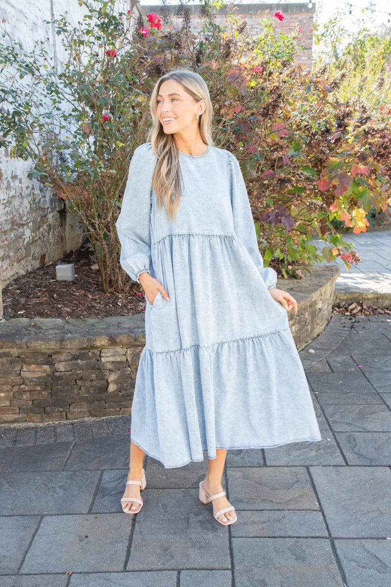 Rena Acid Wash Midi Dress, Washed Denim