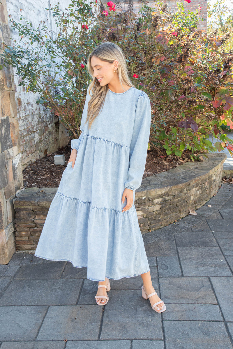 Rena Acid Wash Midi Dress, Washed Denim