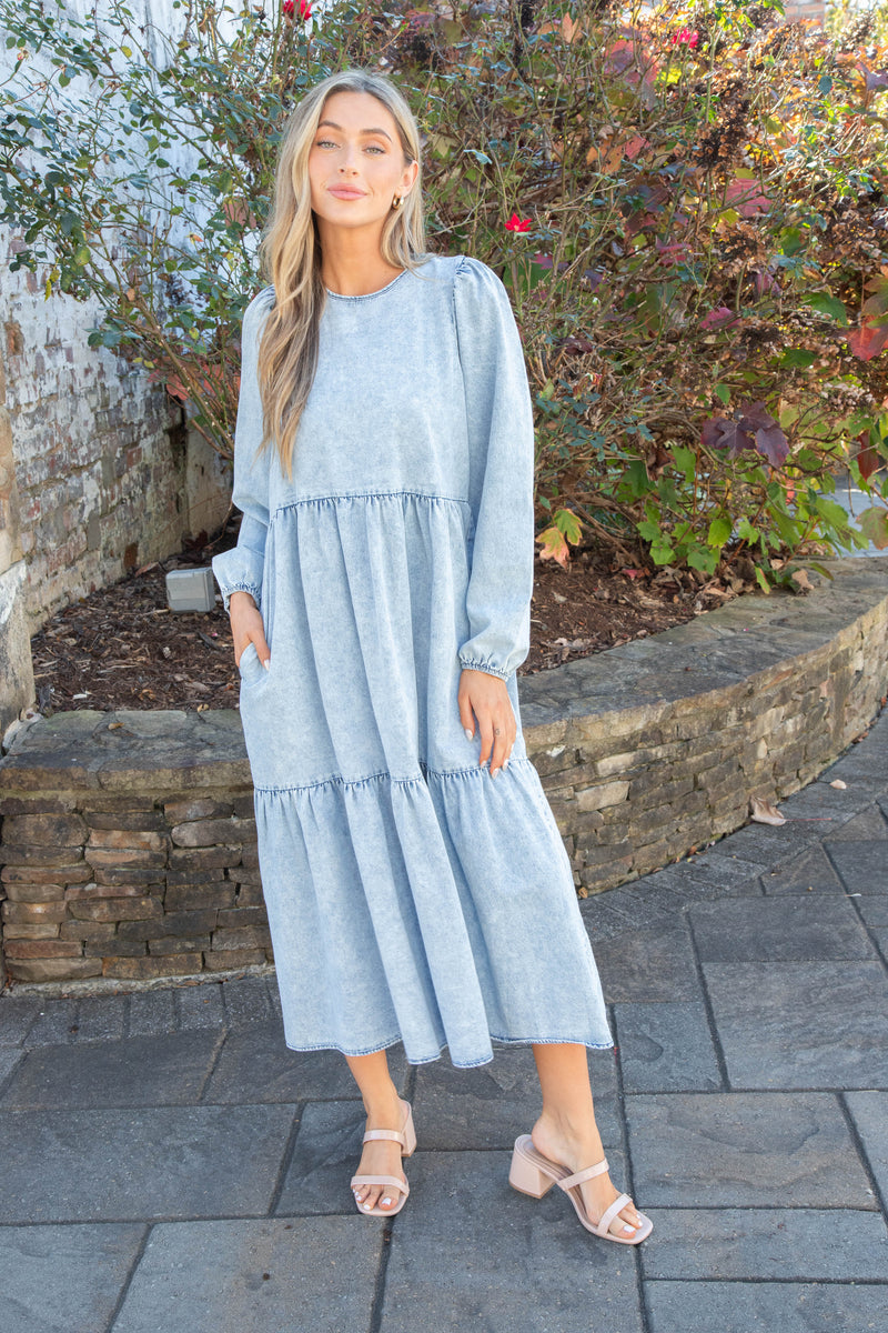 Rena Acid Wash Midi Dress, Washed Denim