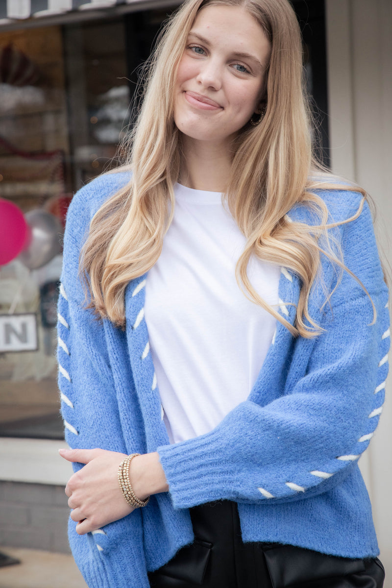 Tierney Stitch Detail Cardigan, Blue-White