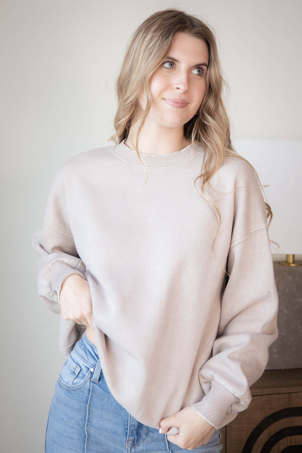 Stormi Acid Washed Fleece Pullover, Ash Mocha